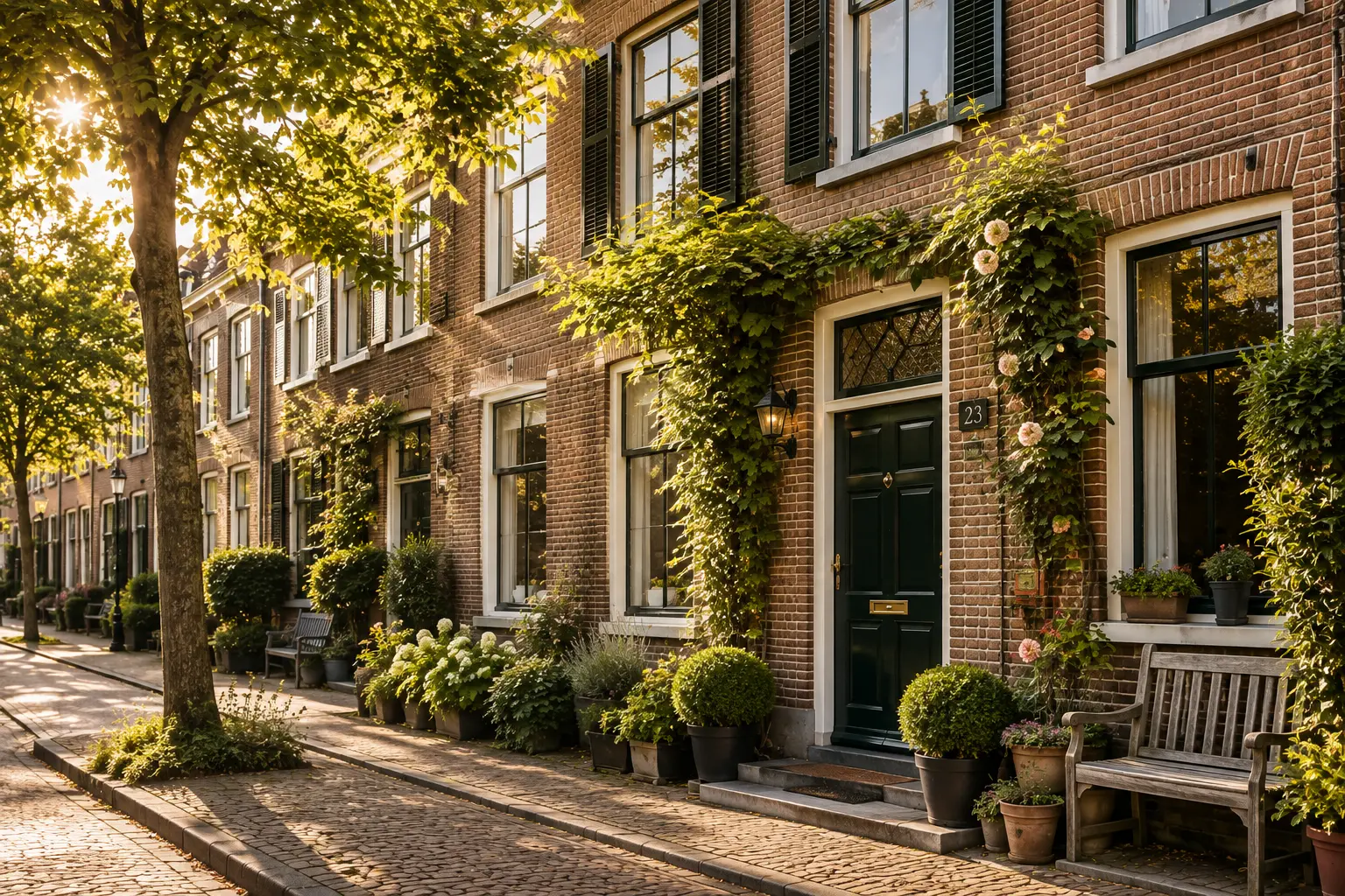Zonovergoten Nederlandse straat met karakteristieke woningen en een groene voordeur